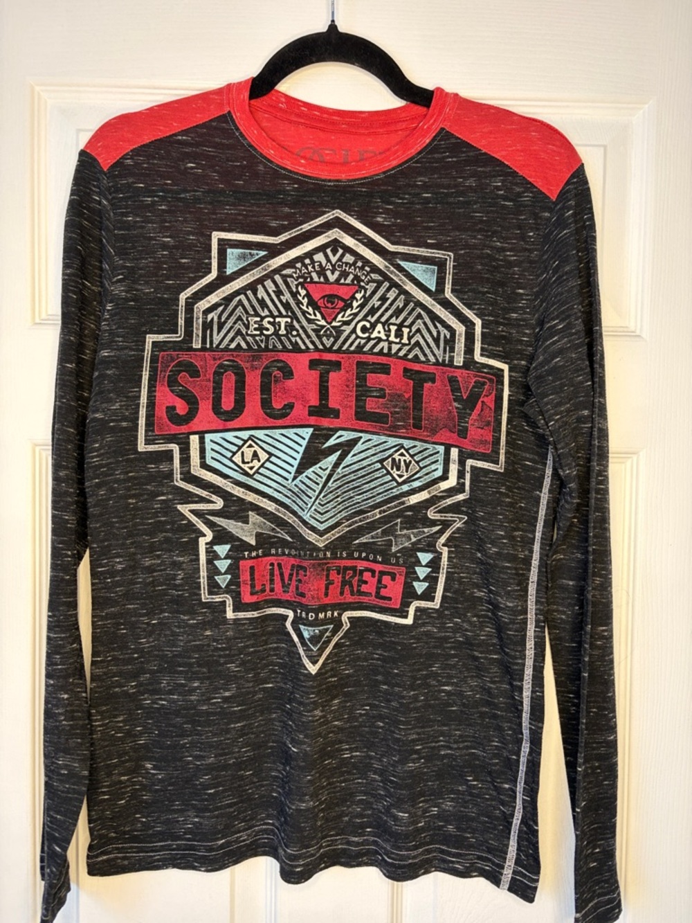 Society (Buckle) Black Tee with Red and Light Blue Graphic size small